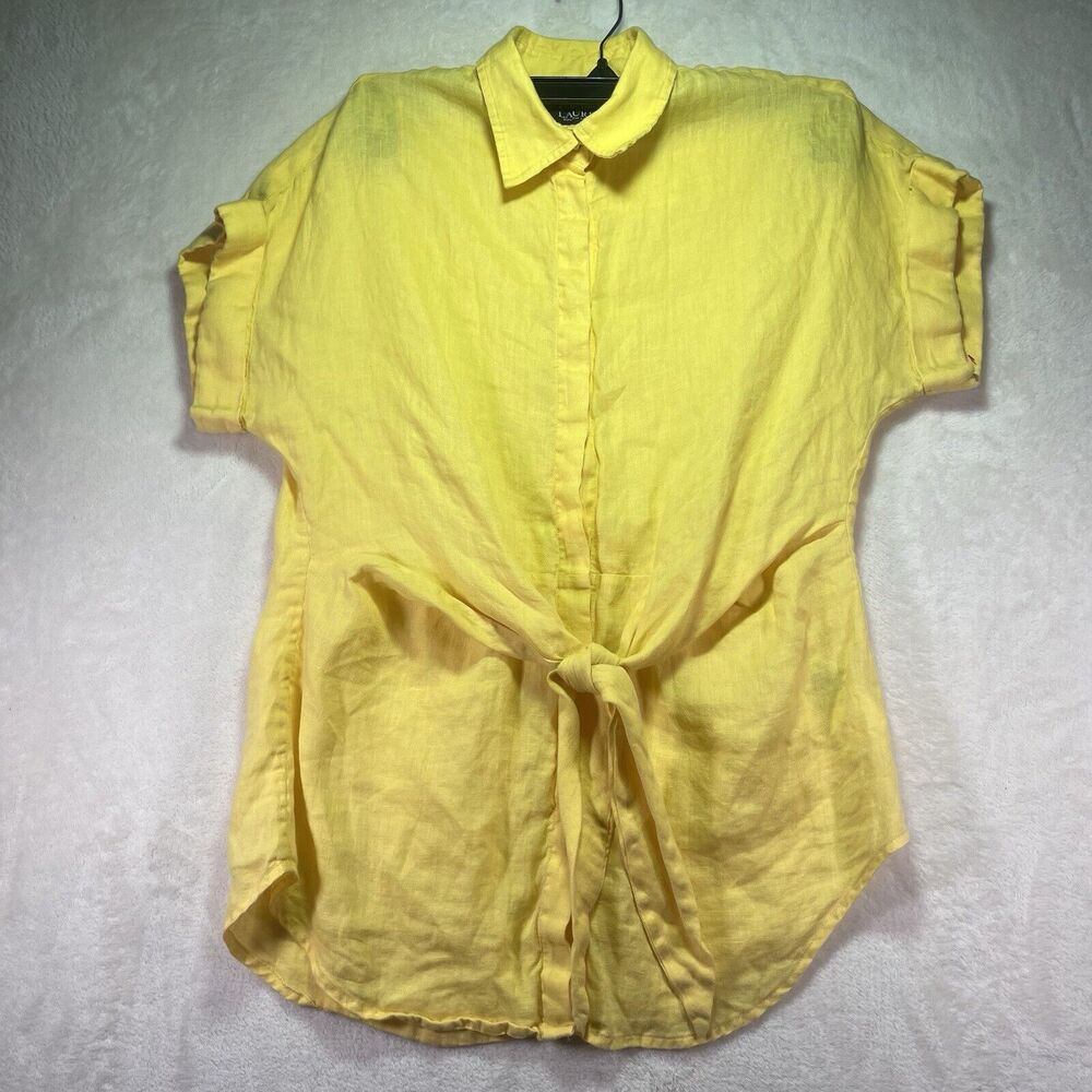 Lauren Ralph Lauren Women's Yellow Linen Tie Front Short Sleeve Shirt XS